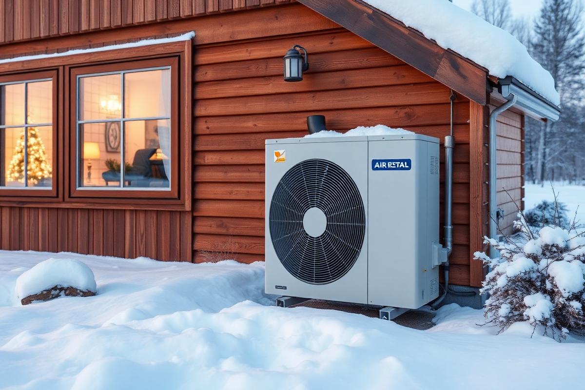 Luft/vattenvärmepump utanför en villa på vintern